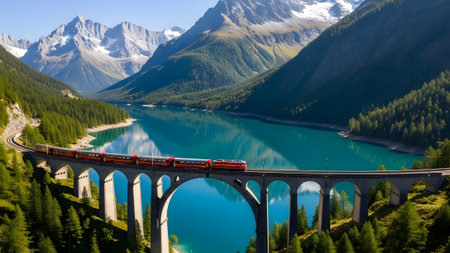 A red train crosses a historic stone viaduct over a turquoise lake amidst snow-capped alpsの写真素材