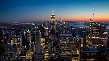 New york city's magnificent skyline at twilight with the illuminated empire state buildingの写真素材