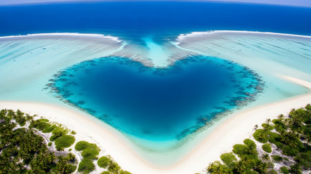 A breathtaking aerial view of a natural heart-shaped lagoon surrounded by pristine sandy beaches and turquoise watersの写真素材