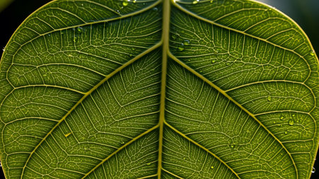 Intricate green leaf veins revealed by backlight, showcasing nature's delicate design with water dropletsの写真素材