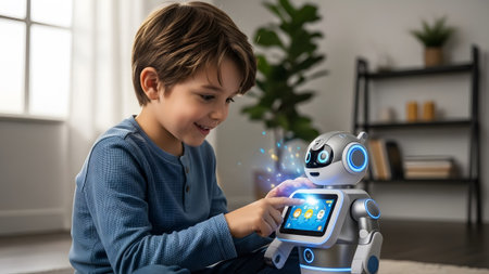 A young boy joyfully engages with an interactive educational robot at homeの写真素材