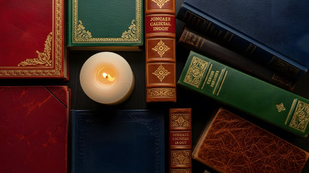 Elegant antique books and a warm candle light create a classic and scholarly ambiance.の写真素材