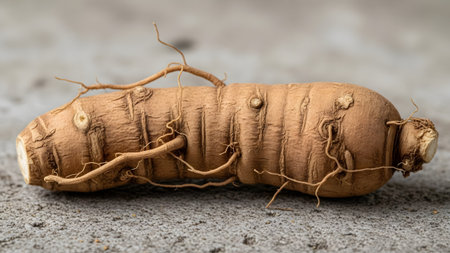 Single panax ginseng root showing its intricate texture and delicate rootlets on a natural grey surfaceの写真素材