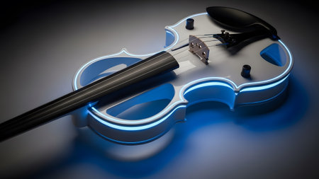 Futuristic glowing white violin with electric blue light accentuating its modern designの写真素材