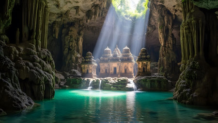 Sunbeams illuminate ancient temple structures nestled within a vibrant green cave lagoonの写真素材