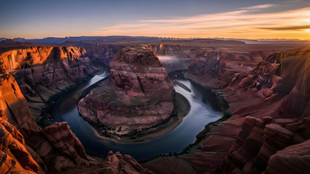 Horseshoe bend panorama at sunset showcasing the dramatic curves of the colorado riverの写真素材