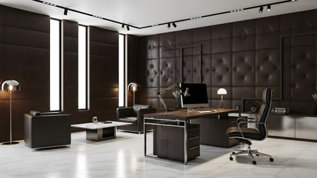 Modern and luxurious executive office interior featuring dark upholstered walls and elegant furnitureの写真素材