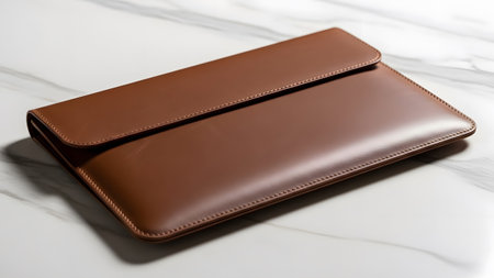 Elegant brown leather laptop sleeve or tablet pouch for stylish device protectionの写真素材