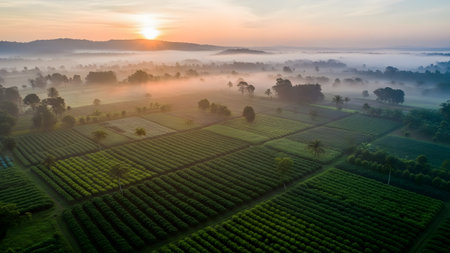 Misty morning sun illuminates lush green agricultural fields and distant hillsの写真素材