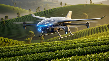 Futuristic agricultural drone surveying vast green tea plantations at sunrise