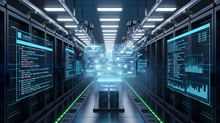 Advanced data center infrastructure with holographic displays showcasing complex data and automation