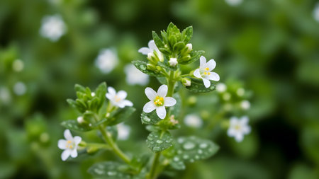 Delicate white blossoms with fresh green foliage adorned by glistening morning dew