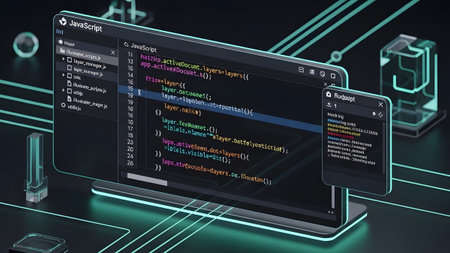 Sleek and futuristic javascript code editor interface on a dark digital background