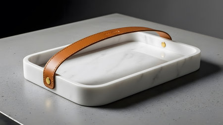 Elegant white marble rectangular tray with a luxurious brown leather handle on a grey surface