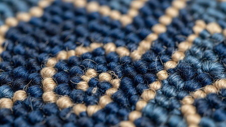 Detailed macro view of blue and beige woven textile with an intricate geometric pattern