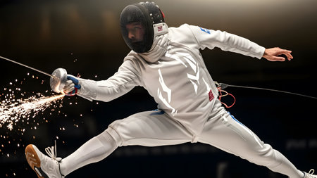 A dynamic fencing athlete lunges forward with precision, creating sparks during an intense...