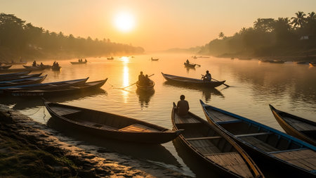 Golden sunrise illuminating a tranquil river scene with traditional boats and early morning activityの写真素材