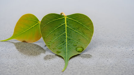 Fresh green sacred fig leaf with glistening water droplets on a grey textured surfaceの写真素材