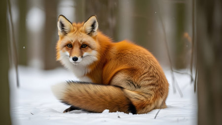A captivating red fox sits alertly in a serene, snowy winter forestの写真素材