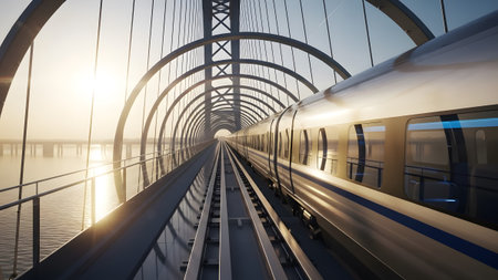 High-speed train journeying across an arched bridge over water during a radiant sunriseの写真素材