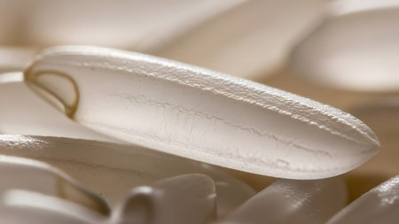 A detailed macro shot capturing the intricate texture and subtle translucence of a single grain of...