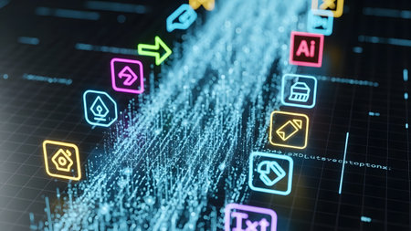 Digital stream of data flowing through a network of glowing software icons, illustrating...