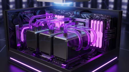 High-performance computer with custom liquid cooling system and vibrant purple rgb lighting
