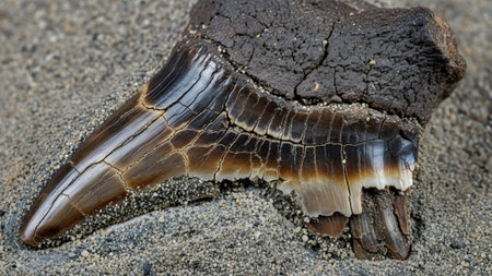 Ancient megalodon shark tooth fossil partially buried in fine sand, revealing its prehistoric grandeurの写真素材