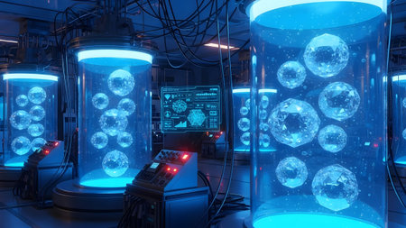 Advanced scientific research facility with glowing blue containment tanks holding crystalline...