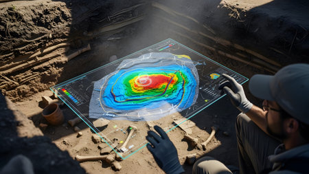 An archaeologist examines a holographic map of an excavation site with bones and pottery visible...の写真素材