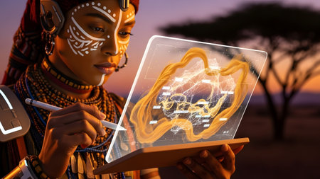 African woman with face paint interacting with holographic data display on a transparent tablet.の写真素材