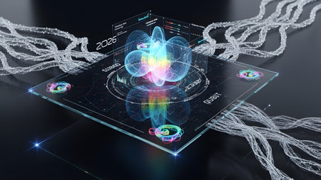 A square transparent surface a glowing holographic quantum model connected by braided cables on...の写真素材