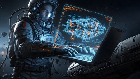 Astronaut showing astronaut working on holographic ship schematics in space. resolution...の写真素材