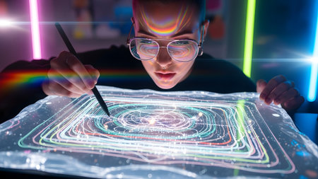 Digital artist showing artist using stylus on glowing digital tablet with colorful light...の写真素材