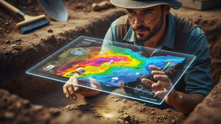 Topographical showing archaeologist examines holographic topographical map displaying colorful...の写真素材