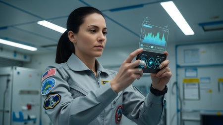 (1105) showing astronaut examines holographic data display on a handheld device in a spaceship...の写真素材
