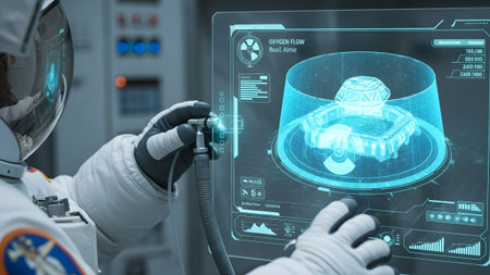 Space showing astronaut in space suit interacts with holographic display showing oxygen flow and...の写真素材