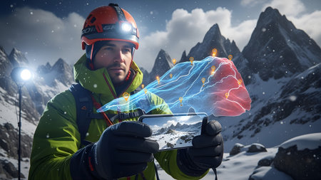 A man wearing winter gear holds a smartphone displaying a holographic mountain map with glowing...の写真素材