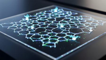 A detailed view of a glowing hexagonal molecular structure with blue and green light pulses on a...の写真素材