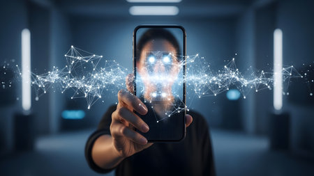 A person holds a smartphone displaying a glowing digital network and a projected face emerging...の写真素材