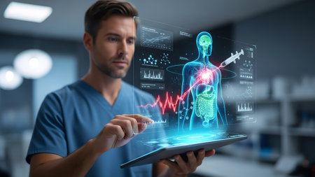 Doctor showing doctor using tablet to analyze holographic medical data of human anatomy and...の写真素材