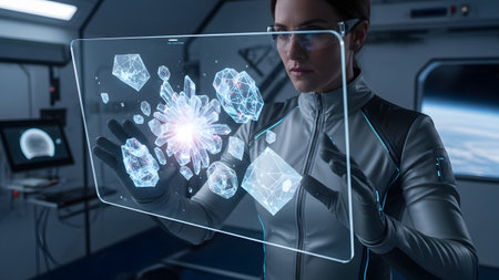 A woman in a futuristic suit studies glowing crystalline forms on a transparent screen in a...の写真素材