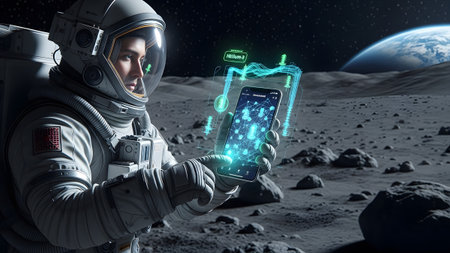 An astronaut on the moon touches a smartphone showing a glowing blue and green digital network.の写真素材