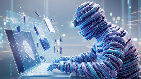 A blue and purple abstract figure with glowing lights works on a laptop, surrounded by floating...の写真素材