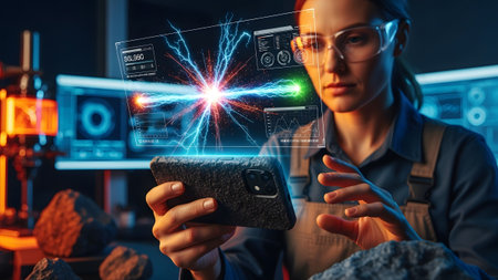 A woman in safety glasses and a lab coat views a holographic projection of blue and red...の写真素材