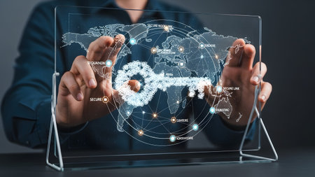 Hands hold a transparent screen showing a holographic key overlaid on a global network map with...の写真素材