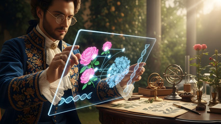 A man in ornate blue historical clothing studies a glowing transparent screen displaying DNA and...の写真素材