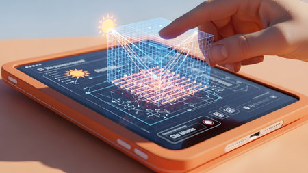 A finger touches a 3D grid representing solar energy on a tablet screen with a bright sunの写真素材