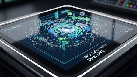 A close-up of a futuristic holographic display showing a swirling blue and green storm...の写真素材