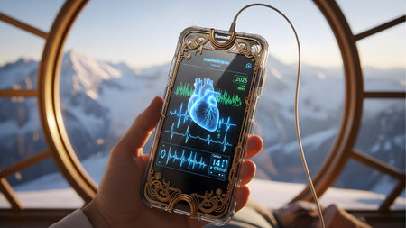 A hand holds a smartphone displaying a holographic heart and vital signs, framed by a window...の写真素材